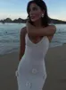 Sukienki swobodne Eleganckie kwiat 3D Długie sukienki Kobiety Deep V-decketti Pasp bez pleców bez rękawów plaża 2024 Letnia dama szat