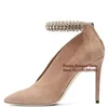 Dress Shoes Crystal Ankle Strap V Cutout High Heel Beige Suede Stretch Pointed Toe Back Zipper Women Cage Big Size45