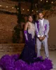Grape Purple Prom Glitter Glitter Diamante Fringe Feather Applique Mermaid Facy Party Dress Vestidos de Gala