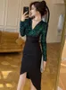 Casual Dresses Luxury Elegant Annual Party Dress Women French Shiny Green Sequins Black Bodycon Folds Slit Robe Lady Banquet Host Prom