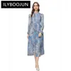 Casual Dresses ILYBOOJUN Autumn Elegant Pretty Dress Women's Flower Color Splice Long Sleeve Single-breasted Print Draped Fold