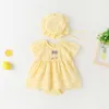 Baby Rompers Kids Clothes Neonati salto per bambini Summer Thuch Bicch Abbigliamento con cappello Rosa giallo R6BM#