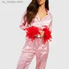 レディーススリープウェア2ピースセットサテンラウンジウェアハートプリントフェザーカフロングスルベブラウスシャツトップ +ロングパンツ女性パジャマ