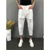 Japanese Trend Mens Ripped Hole Jeans White Green Black Ankle Length Youth Fashion Loose Denim Harem Cargo Pants 240328