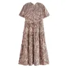 Vestidos de festa 2024 Boho Spliced Wood Ears Bufles Brown Leopard Midi Dress Mulher Hippie Mulheres elásticas ombros ruched Swing Uma linha de férias