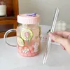 Wine Glasses Heat-resistant Glass Cup Cartoon High Appearance For Girls With Lid And Handle Thick Straw Portable Coffee