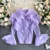 Blusas femininas outono branco romântico single women trest back black tops doces sweet elegante purple bufle manga camisa vintage versátil