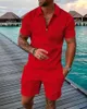 Summer Fashion Men Clothing 3D Print Solid Color Polo Shirt and Shorts 2pcs Sets Trend Zipper Tracksuit Set Oversized T-shirt 240411