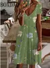 Womens Casual Dress Summer Plant Floral Print V Neck Midi Vintage Daily Short Sleeve Loose Plus Size Dresses 6XL Sundress 240329