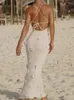 Casual Dresses Elegant 3D Flower Knitted Long Dress Women Deep V-neck Spaghetti Strap Backless Sleeveless Beach 2024 Summer Lady Robes