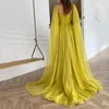 Party Dresses Yellow Long Cape Sleeves Chiffon Bohemian Prom Backless Vintage Square Neck Side Split Princess Gowns Plus Size