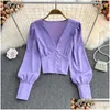 Womens Blouses Shirts Korean Fashion Blouse Women V-Neck Chiffon Lantern Sleeve Tops Female Single Breasted Autum Blusa Mujer Drop Del Dhzqt