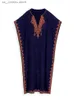 Basis Casual jurken Lorylei Dark Blue staande kraag geborduurd Kaftan dames modieus gewaad Boho feest vakantiehuis gewaad strandjurken Q1545 T240412