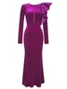 Casual Dresses Sexy O Neck Ruffle Trim Long Sleeve Dress Women Purple Ruffled Velvet Design Slim Maxi Evening Party Runway Vestidos