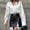 Robes de travail Oymimi Fashion Blanc Blanc en deux pièces pour les femmes Elegant Elegant à manches longues Shirts Button et High Taist Leather Mini Jirts