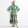 Elegant Print Max-long Dress For Women, Vintage Loose Party Dress With Bow Belt, Palace Style Large Swing Vestidos, Lantern Sleeve