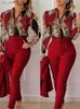Calças de duas peças femininas elegantes mulheres impressas em duas peças conjuntos de ternos outono inverno v pesco