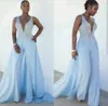 Sexy Zuid -Afrikaanse jumpsuits prom jurken 2022 vrouwen lichtblauwe riemen Appliques Long Train Formele feestjurk avondkleding Pant S7906574