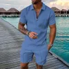 Mens Athletic Tshirt Set Casual Lapel Short Sleeve Pullover Zip Up Tshirt Shorts 2Piece Set Solid Sporty Surs 240410