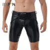 Calça homens negros látex calças molhadas de couro sexy de couro macio calça do meio do zíper completo ginástica academia shorts de ginástica moda punk festas clubwear