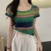 Rainbow Striped Sleeved Square Necked Knit T-shirt for Women's Summer Slim Fit and Slimming Short Top Instagram Trend