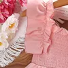 Robes de fille robe d'été enfants filles 4 à 7 ans vêtements robe de plage mignon poignets en dentelle colle carrée play wrap jupe princesse jupe rose y240412
