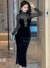 Casual jurken Fashion Ladies Black Velvet Vintage Long Evening Vrouwen Kleding Sexy riem slanke mager feestclub jurk Robe Vestidos