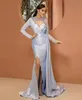 Elegante satijnen lange mouwen prom-avondjurken prachtige kralen kant o-neck dames formele feestjurken sexy split mermaid overkirts aso ebi vestidos de fiesta cl3485