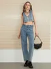 Gilet pour femmes Wsevypo rétro Summer Blue Denim For Women Fashion Sans manches Col de remin-down zipped Cropped Tops Tops Street