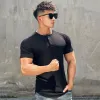 T-shirts 2023 Spieroefening Semi strakke fitness korte mouw shirt heren training massief streep elastisch hardloop sportgym t-shirt