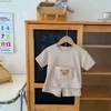 Kleidungssets 2023 Neu in Sommerkindern Kinder Mädchen Jungen Kurzarm Waffel Big Pocket Bear Top T-Shirts Shorts Kinder Kleinkind Kleidung Set Y240412