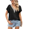 Frauenblusen Sommermodestil elegant Amazon V-Ausschnitt Spitze Satin Kurzarm Shirt Batwing Top Top