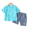 Jongens Summer Fashion Crew Neck Children Tracksuit Dinosaur T-Shirt Denim Shorts Pak Kids Outfit Baby Boys Set 1-5 jaar 240407