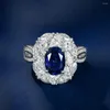 Cluster Rings S925 Silver Egg 7 10 Royal Blue 2 Ring med mousserande diamanter utsökta tunga för kvinnors safir