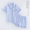 Home Clothing Marine Blue Crape Baumwolle Kurzpyjama Sets Frauen Sommer sexy reine Farbe Pijamas Mujer Pyjamas Casual Loungewear
