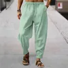 Spring Summer Mens Stripe Cotton Linen Pants Solid Color Fashion Casual Loose Hip Hop Breathable Trousers Streetwear S-3XL240408