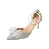 Dress Shoes Fashion Sandals Sequins Pointed Toe With Pearl Bow High Heels Ankle Wrap Silver Wedding Women