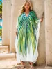 Basic Casual Dresses 2024 Summer Boho Plant Leaf Printed Kaftans For Women Beach Wear Dress Slit Sarong Bathing Suit Plus Size Maxi Dresses Q1588 T240412