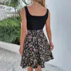 Lässige Kleider Sommerkleid Frauen 2024 Stichgürtel Blumendruck A-Line Boot Hals großer Saum Patchwork Mini Tank