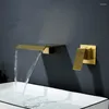 Bathroom Sink Faucets Copper Basin Faucet & Cold Waterfall Type In-Wall Brass Mixer Tap Single Handle Two Holes Brushed Gold/Black