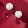 Stud Earrings Vinregem Pear 8 12 MM Ruby 10MM Pearl Gemstone Vintage Studs For Women 925 Sterling Silver Fine Jewelry Wedding Party