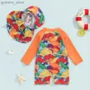 Één-stuks 0-3T Toddler Boys Rash Guard zwempak Rompers Lange mouw schildpad/dinosaurusprint baby badkleding met zwembasis met zwemdop Y240412