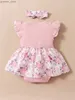 Vestidos de niña 2pcs verano recién nacido floral floral lindo vestido de manga de mosca con ropa de banda para diadema para niñas pequeñas 0-18 meses y240412