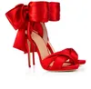 Super Summer Evening Dress Shoes Women Wedding Satin mode Vackra sandaler Peep Toes Red Satin Bowtie Stiletto Heel T Show FOO5279342