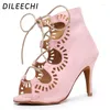 Tanzschuhe Dileechi Latin Women Haut Samt Straps Salsa Party Hochzeit Ballsaal Tanzstiefel High Heel 8,5 cm weiche Außensohle