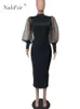 Nadafair mesh puff långärmad klänningar sexiga bodycon kvinnor faller vinter svart fest midi klänning varm elegant monterad klubb slits 240409