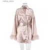 Sexy Pyjamas Feather Bathrobes Satin y Mini Dress Long Sleeve Loose Peignoirs For Women Robe White Wedding Dress Black Bride Dresses L410