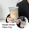 Wine Glasses Simple Stripe Glass Cup With Lid And Straw Transparent Breakfast Bubble Tea Cups Milk Juice Coffee F0Y5