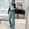 Basic & Casual Dresses Early Spring Miu Old Letter Embroidery High Waist Wide Leg Straight Fashionable Belt Jeans for Women