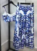 Banulin Bohemain Blue and White Porcelain2 Piece Set women Spaghetti Strap Gold Button Tank Camis Tops Print Long Skirt Suit 240403